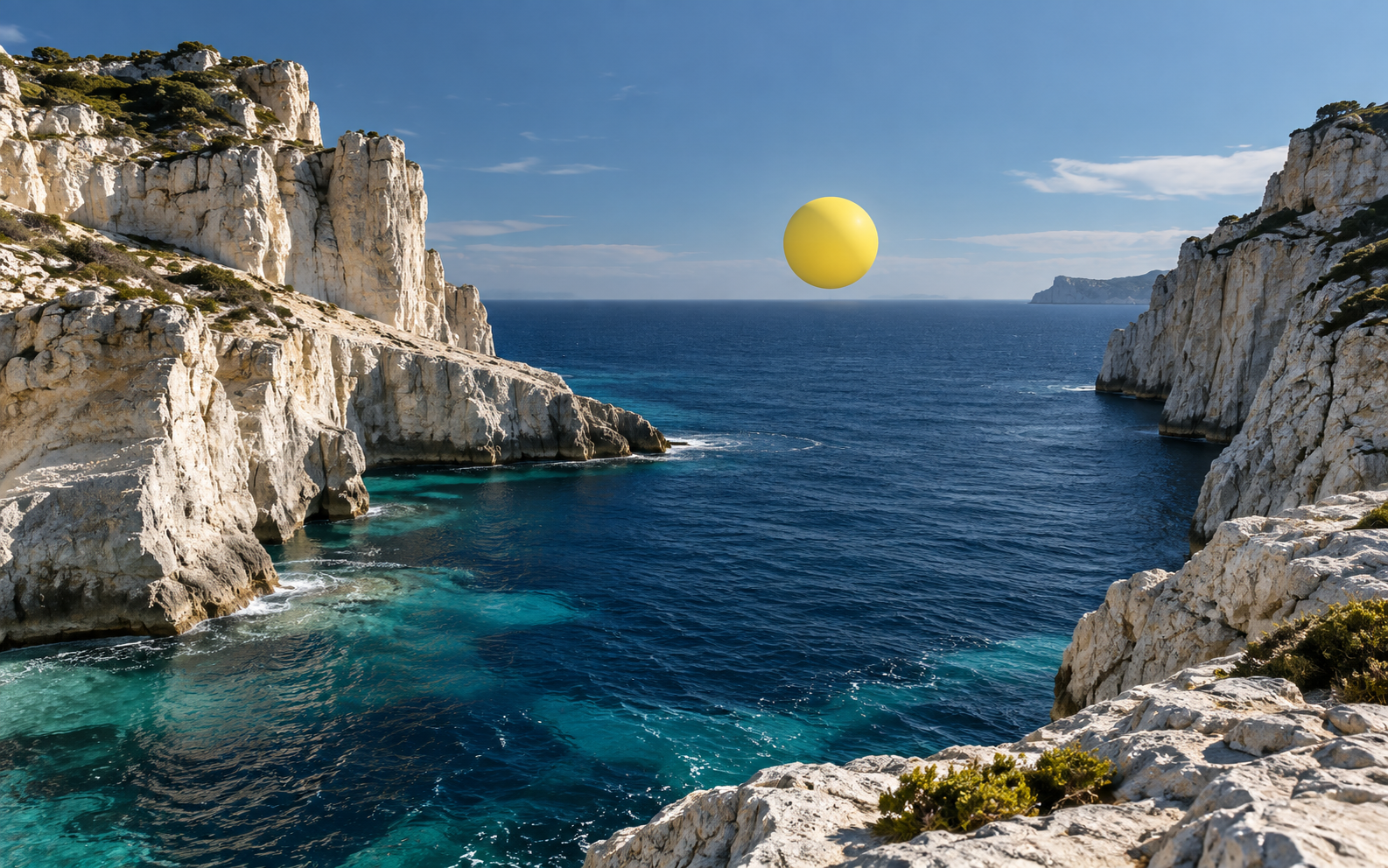 Pale coastal cliffs framing a deep blue inlet and a yellow sphere on the horizon